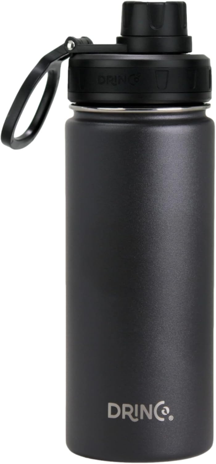 DRINCO Stainless Steel Water Bottle Spout Lid Vacuum Insulated Double Wall Water Bottle Wide Mouth (40oz 32oz 22oz 18oz 14oz) Leak Proof Keeps Cold or Hot (18 oz, 18oz Black)
