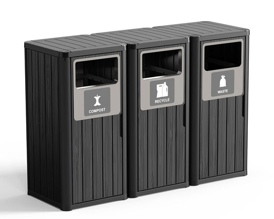 ROJIK 35" Tall Outdoor Trash Can,Weatherproof Resin Garbage Indoor Durable Lightweight,Suitable for Patio Office Kitchen,Easy to Clean,Assemble(Waste&Recycle&Composter, Black)