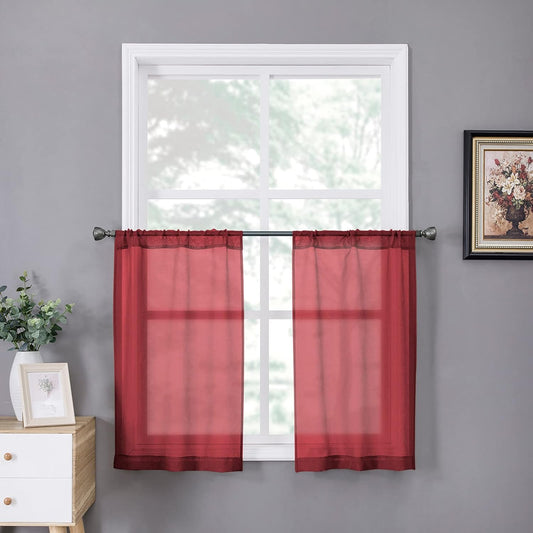 Tollpiz Sheer Tier Curtains Kitchen Linen Textured Half Curtain Sheers Light Filtering Rod Pocket Voile Bathroom Short Curtains for Farmhouse, 25 x 30 inches Long, Burgundy Red, Set of 2 Panels