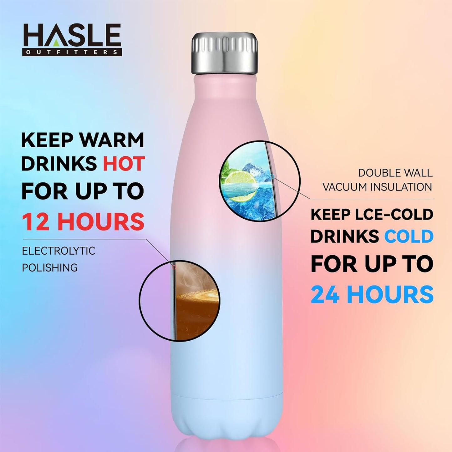 HASLE OUTFITTERS 17oz Stainless Steel Water Bottles Bulk, Vacuum Insulated Water Bottles Double Walled Reusable Metal Sports Water Bottles Keep Drinks Hot and Cold, Pink Blue, 8Packs