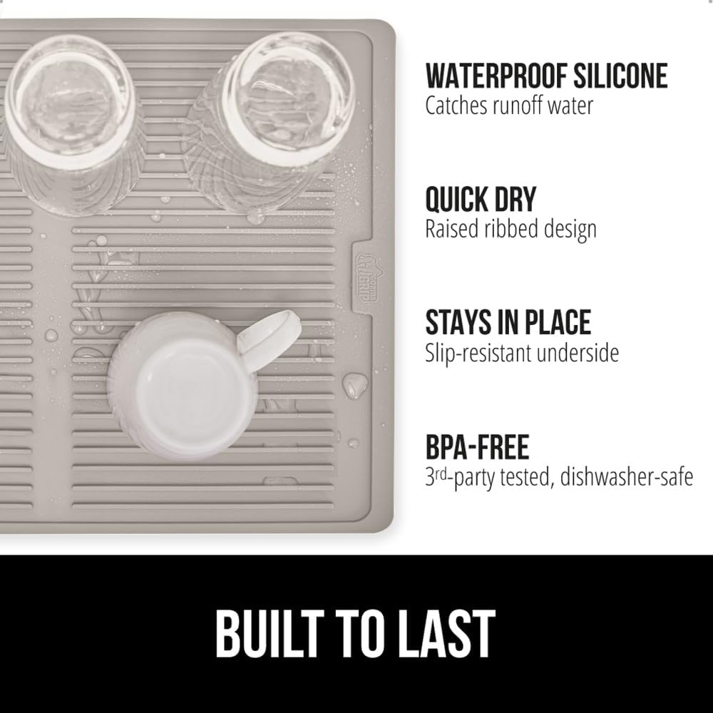 GORILLA GRIP 100% BPA-Free Patented Silicone Dish Drying Mat for Kitchen Counter, 18x16 Inch, Water Catching Ribbed Design, Easy Clean Waterproof Sink Liner, Heat Resistant, Fits Under Rack, Almond
