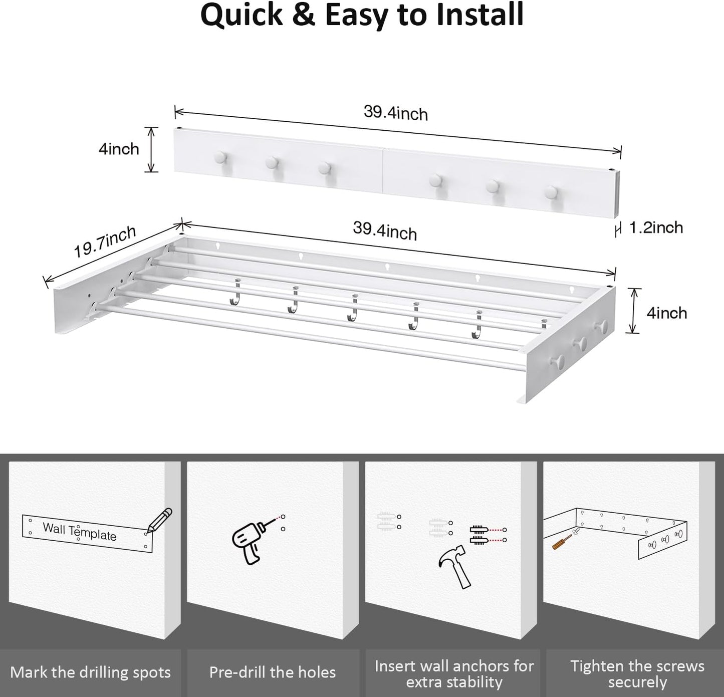 Drying Rack Clothing,Clothes Drying Rack Wall Mounted,Laundry Drying Rack Wall Mount,Foldable,Collapsible,60 lb Capacity 5 Aluminium Poles with 12 Hooks,Space Saving Clothes Drying Rack,White 40"
