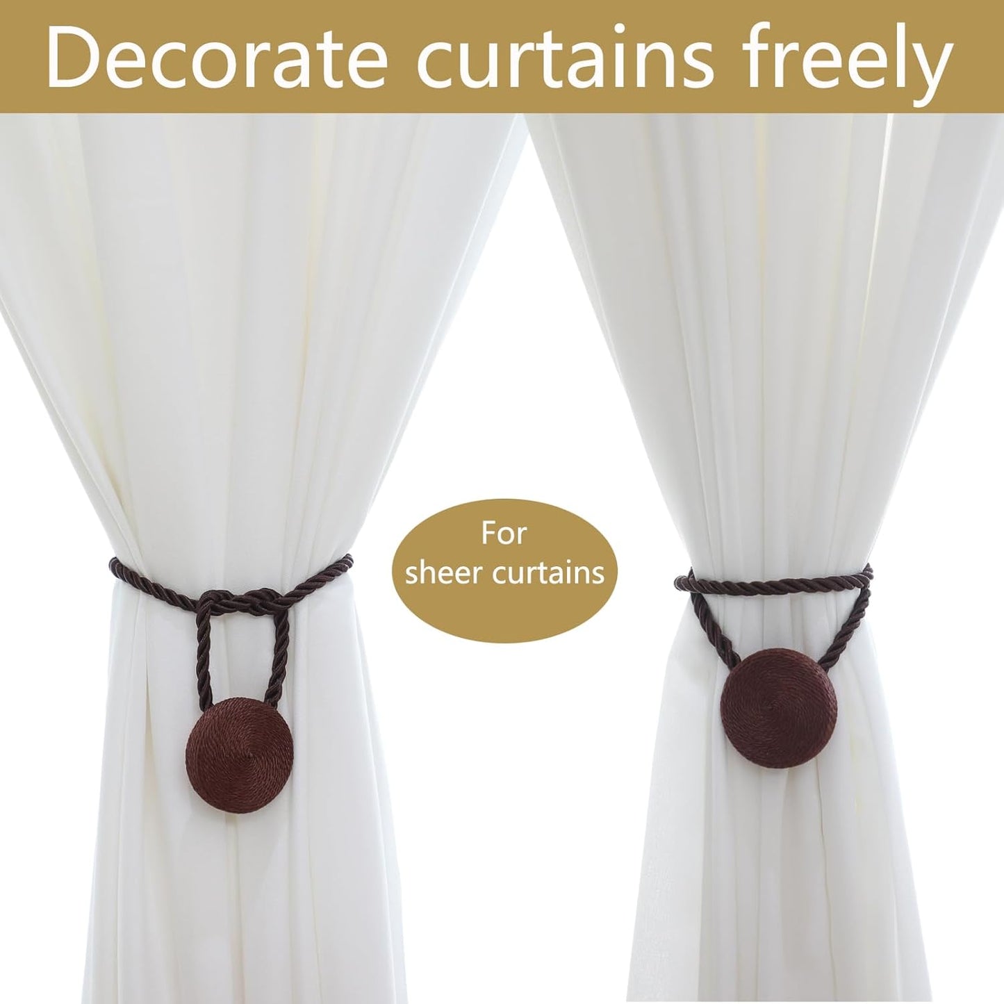 Magnetic Curtain Tiebacks - 12mm Magnetic Tie Backs for Curtains, Heavy Duty No Drill Curtain Holdbacks for Home/Office Windows Drapes, Elegant Gift-Ready Design 7 Colors (2, Coffee)