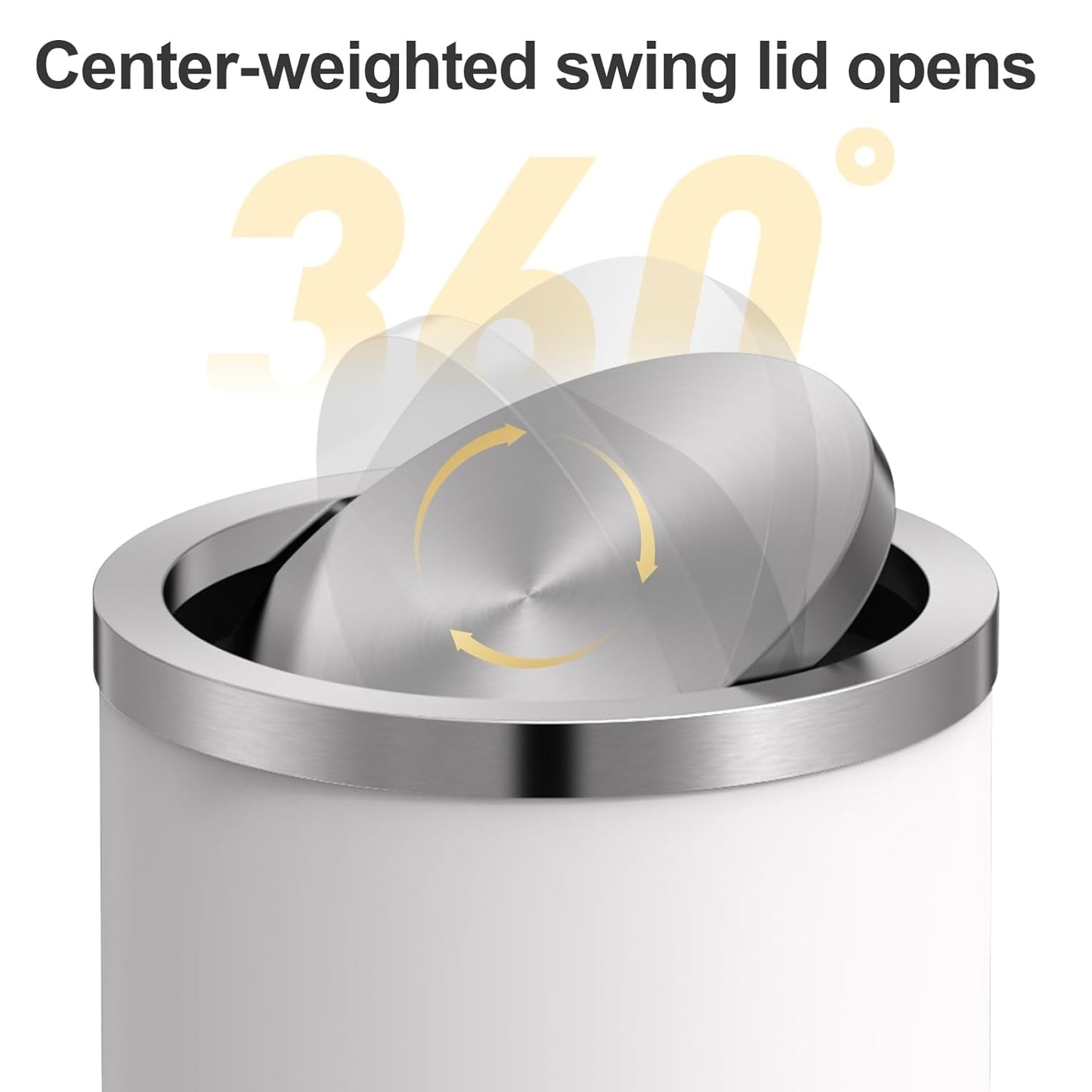 Mbillion Small Trash Can with Swing Lid 2.4 Gallons/9 Liter, Mini Trash Can with lid, Stainless Steel Cylindrical Garbage Can for Home and Office Bathroom Bedroom, for Ground and Desktop White