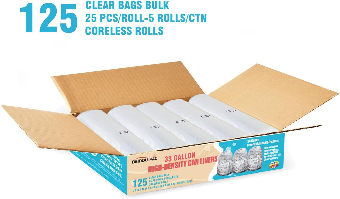 33 Gallon Trash Bags, 125 Count Bulk, Heavy Duty Clear Plastic Recycling Bags, Multi-purpose Garbage Bags for Home Commercial, Outdoor, Construction, Industrial, Lawn, Leaf