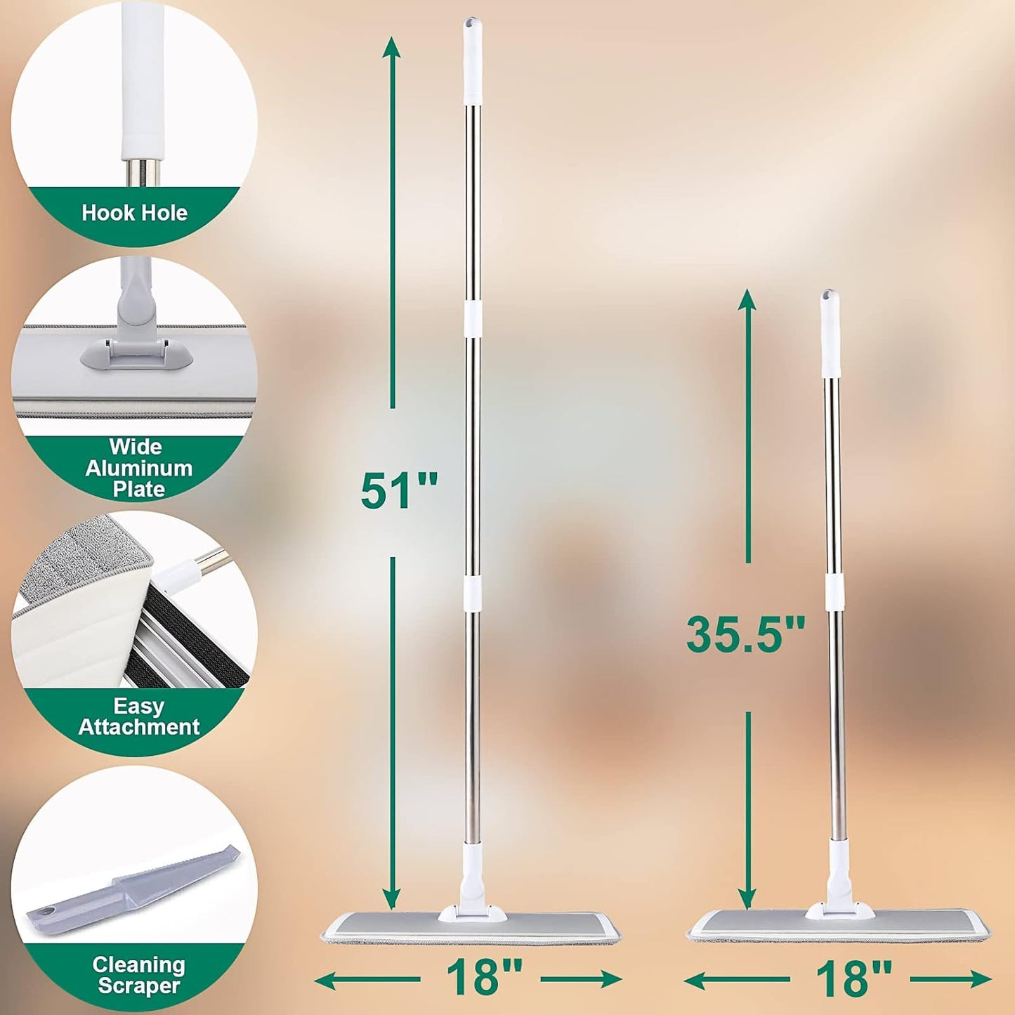 18" Professional Microfiber Mop Floor Cleaning System, Flat Mops with Stainless Steel Handle, 4 Reusable Washable Mop Pads, Wet and Dust Mopping for Hardwood, Vinyl, Laminate (White&Grey)