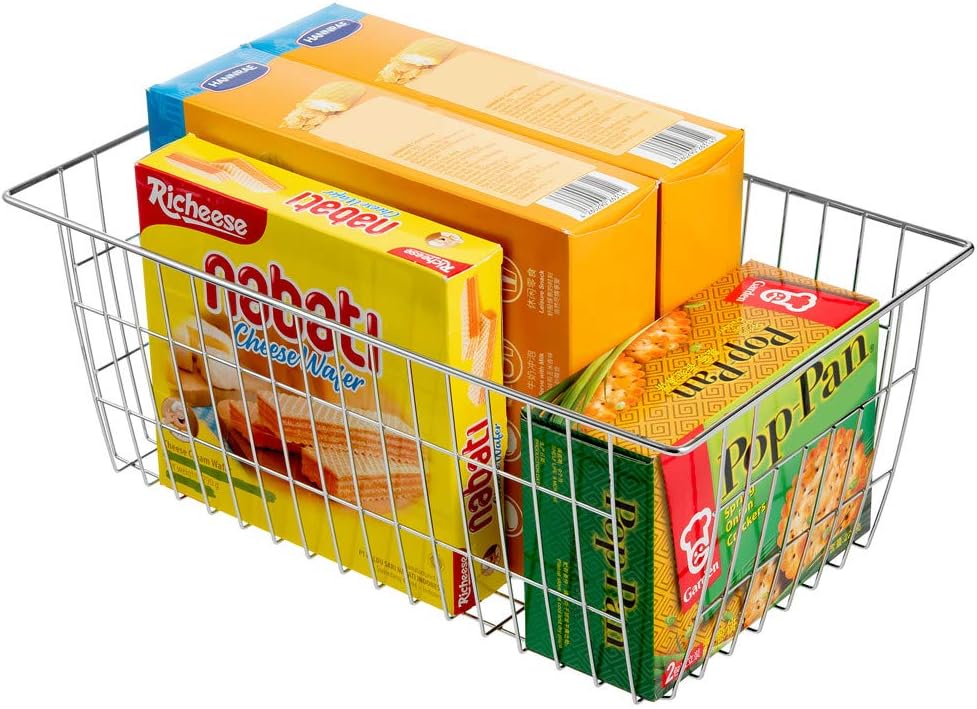 SANNO Freezer Baskets Wire Storage Baskets Closet Organization Baskets Bin Farmhouse Storage Bins Large Organizer Bins for Home, Office, Bathroom, Pantry -Set of 3, Chrome, 15.7"