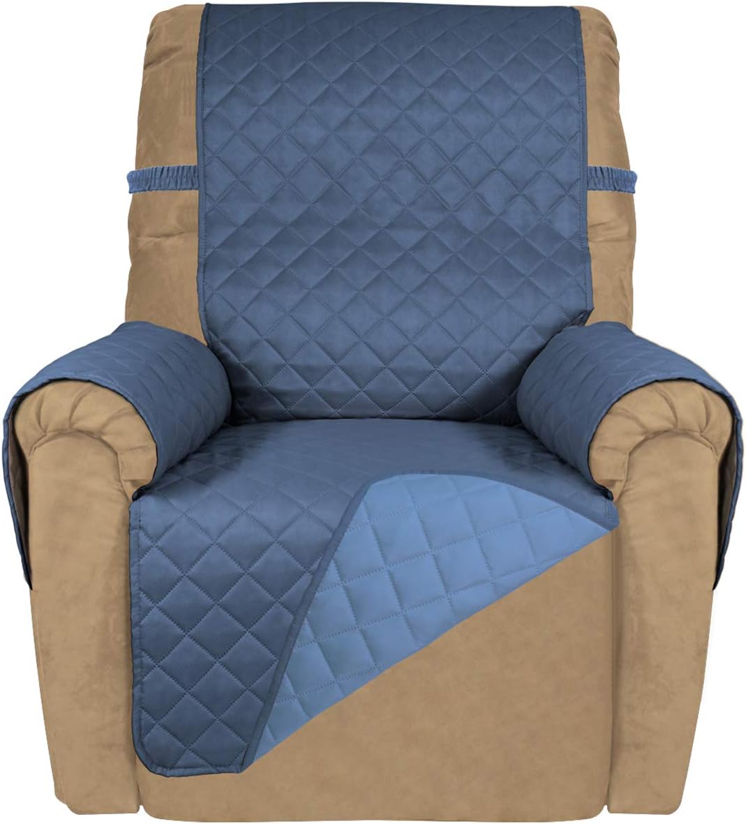 PureFit Reversible Quilted Sofa Cover, Water Resistant Slipcover Furniture Protector, Washable Couch Cover with Non Slip and Elastic Straps for Kids, Dogs (Small Recliner, Dark Blue/Light Blue)