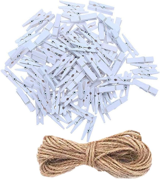 DurReus Small Clothespins Decorations Display Art Project Wood Kitchen Clips Chip Bags Clothesline Pins with Twine Pack 50 White