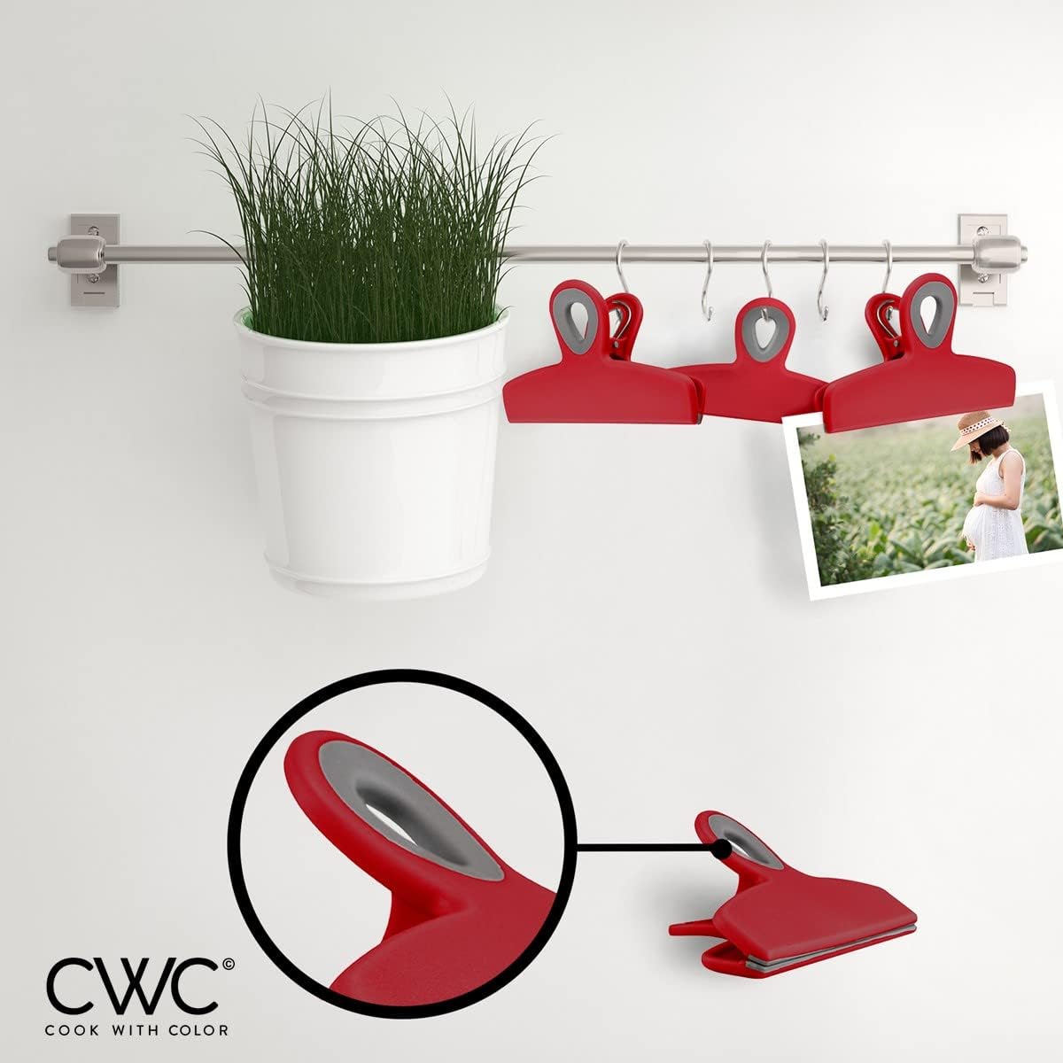 COOK WITH COLOR Bag Clips - Heavy Duty Chip Clip and Refrigerator Magnet Clips for Food Storage with Air Tight Seal Grip, Red, Pack of 4 Large Clips