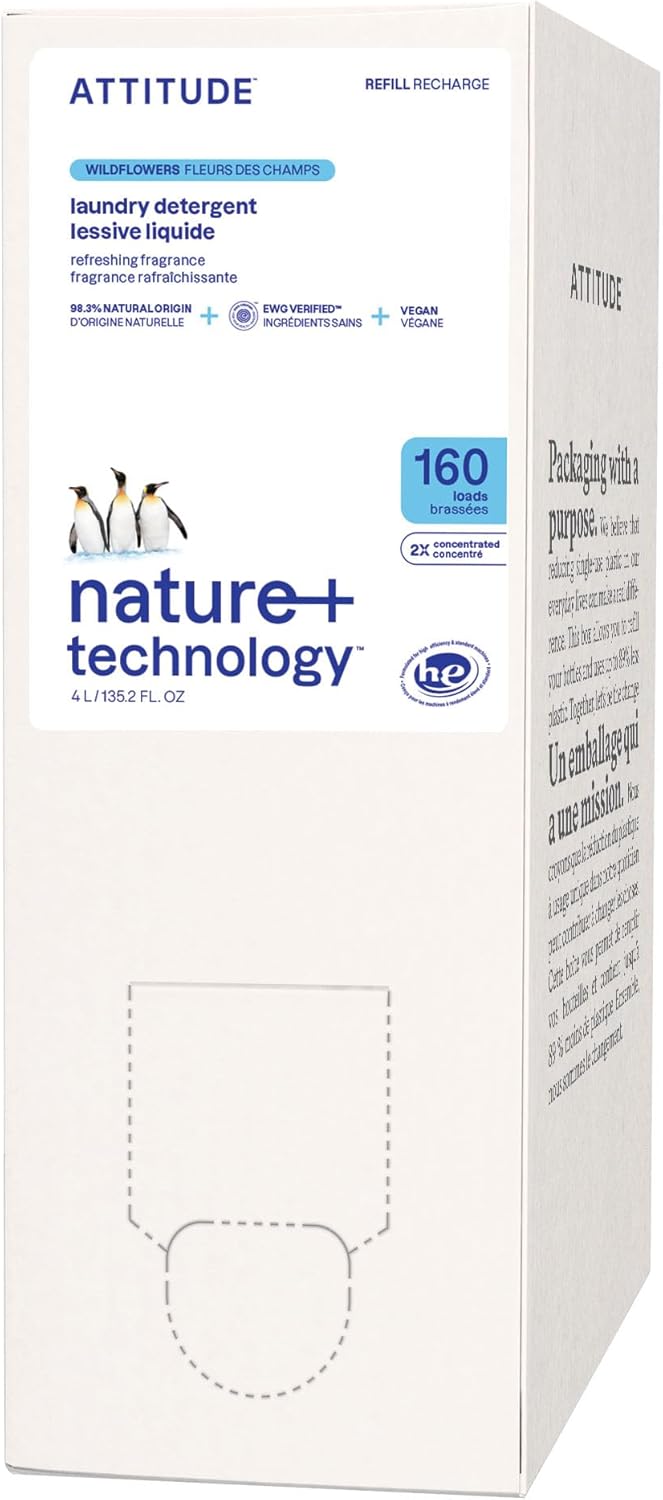 ATTITUDE Liquid Laundry Detergent Refill, EWG Verified, HE Compatible, Plant-Based & Vegan, Natural Laundry Soap, Wildflowers Scent, 160 Loads, 135.26 Fl Oz
