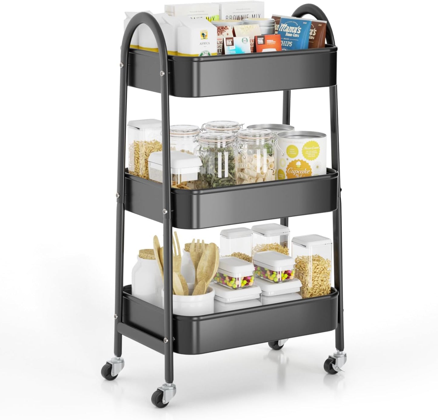 EAGMAK 3 Tier Rolling Cart, Large Metal Storage Cart with Handle and Lockable Wheels, Big Multifunctional Storage Organizer Trolley with Mesh Baskets for Kitchen, Living Room, Office, Garage (Black)