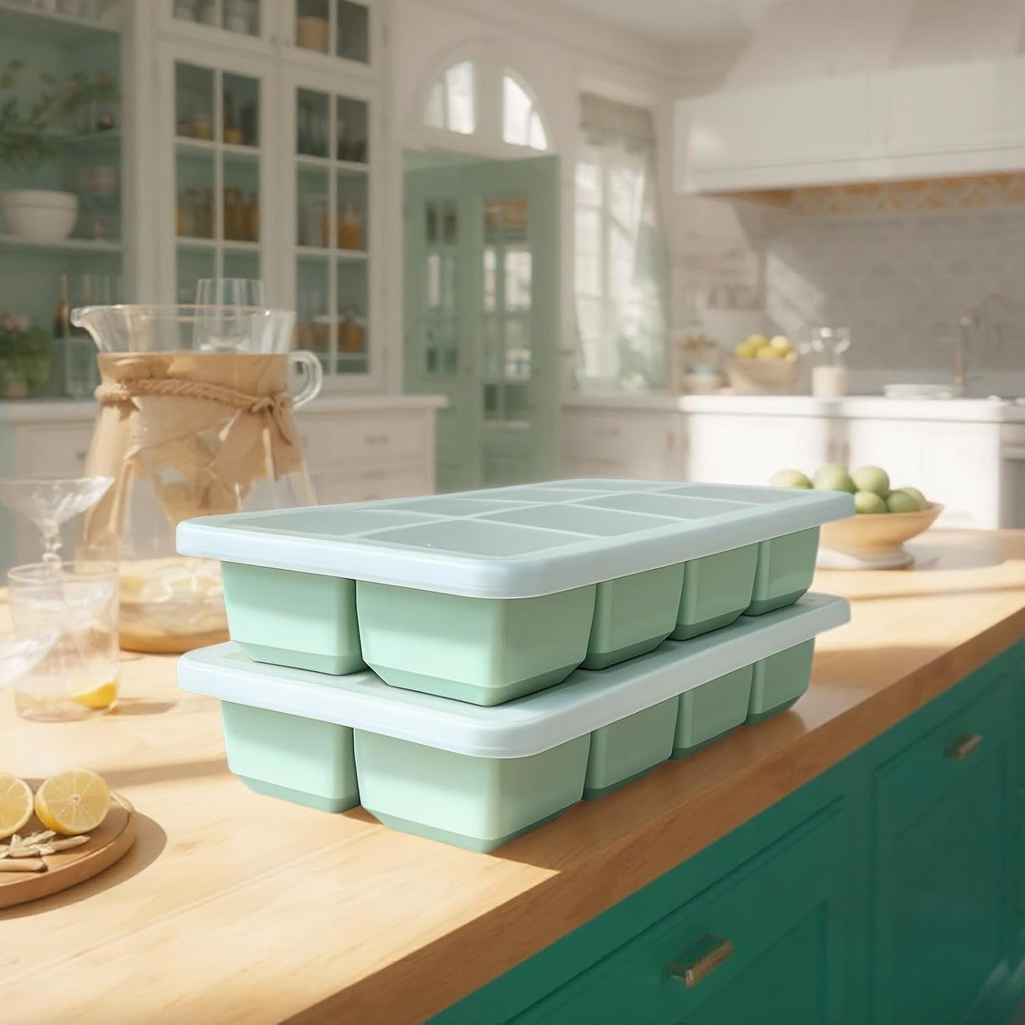 2 Pack Silicone 2 Inch Large Ice Cube Molds for Cocktails Wine Fruit and Bourbon Whiskey Easy Release Ice Cube Tray with Lid Ideal for Cold Drinks and Entertaining Gatherings (Mint Green)