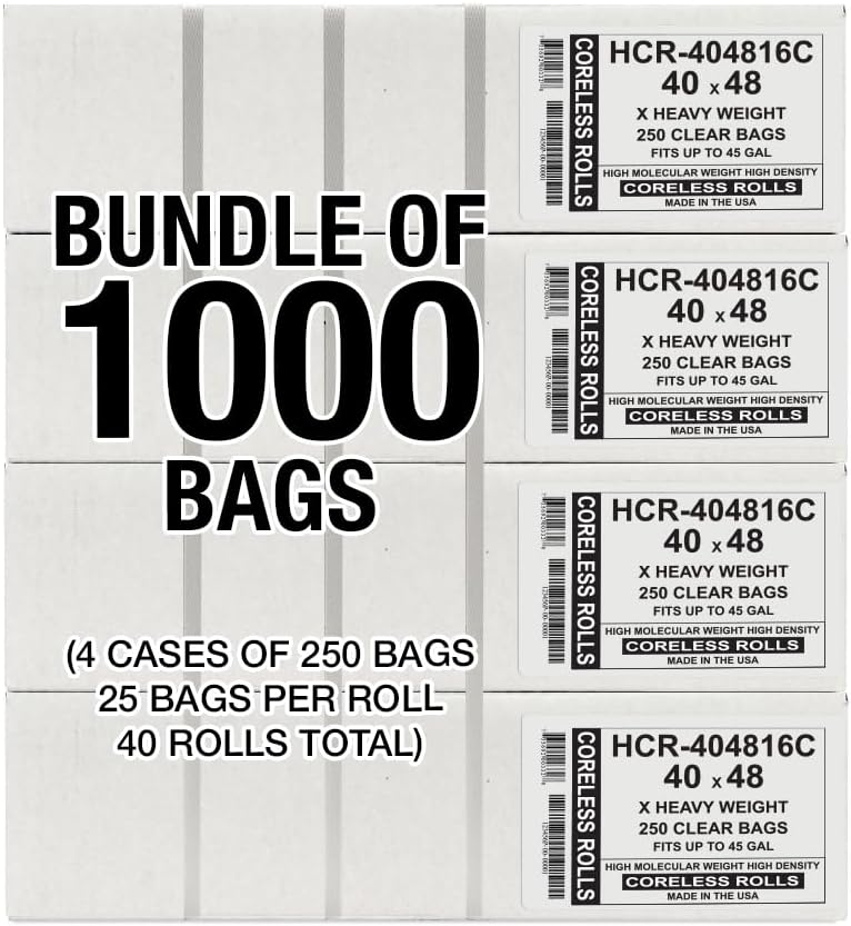Aluf Plastics High Density Trash Bags, 45 Gallon, 1000 Count, 16 Micron (eq), 40" x 48", Clear, for Bathroom, Office, Industrial, Commercial, Janitorial, Municipal, Recycling