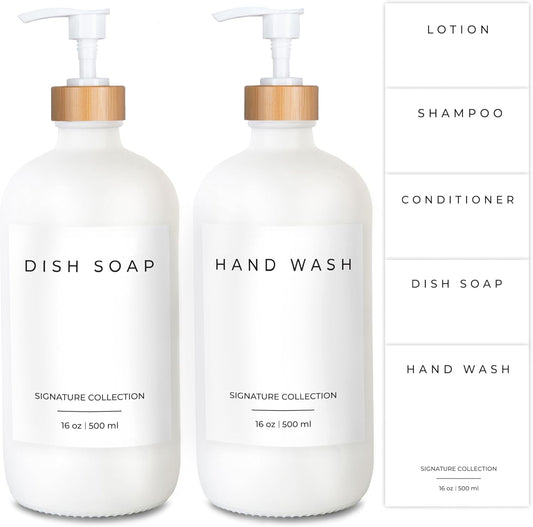 Emerson Soap Dispenser, Dish Soap Dispenser for Kitchen, Soap Dispenser Bathroom Set, Hand Soap Dispenser, Kitchen Soap Dispenser Set - Glass Soap Dispenser with Pump and Labels, 16 Oz, 2 Pack