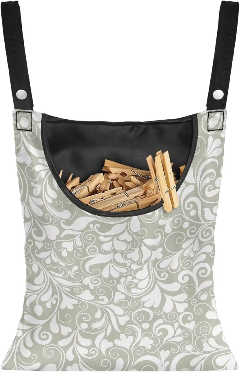 Large Clothespin Storage Bag 14.5"x12" with Oversized Opening - Heart Shape Floral Print Green Heavy Duty Polyester Hanging Organizer for Outdoor Clotheslines with Secure Snap Closure