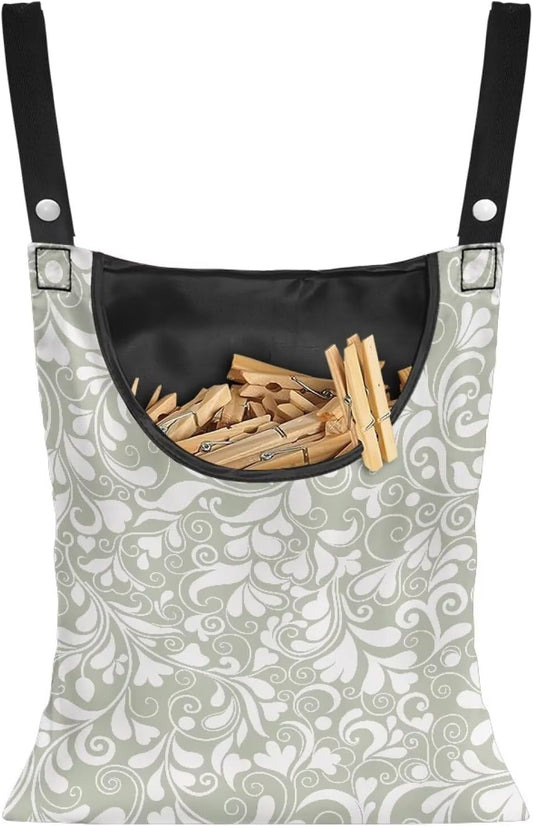 Large Clothespin Storage Bag 14.5"x12" with Oversized Opening - Heart Shape Floral Print Green Heavy Duty Polyester Hanging Organizer for Outdoor Clotheslines with Secure Snap Closure