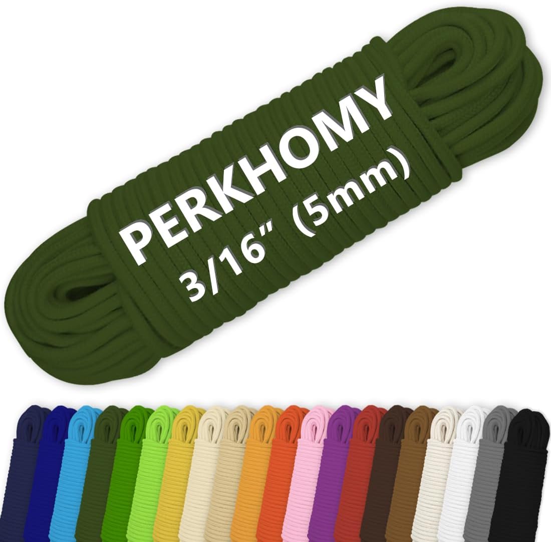 PerkHomy Cotton Rope 3/16" (5mm) 100 ft Multi Purpose Utility Diamond Braided Cord, Natural Cotton for Clothes Line Camping Crafting Flag Pole, Army Green