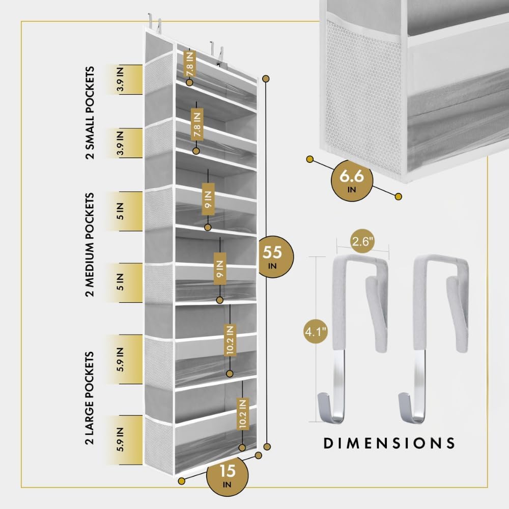 HOMELUX THEORY 2 PC Heavy Duty Over the Door Organizer 55x14x6.7, 6 Large Front & 12 Side Pockets, Hanging Storage Closet Door Organizer for Bedroom, Bathroom and Baby Nursery Storage (Light Gray)