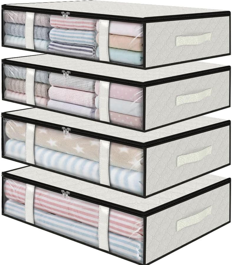 StorageRight Under Bed Storage Bins, 4-Pack 40L Foldable Fabric Storage Bags with Transparent Window, Breathable Organizer for Clothes/Blanket/Comforter/Quilt, White