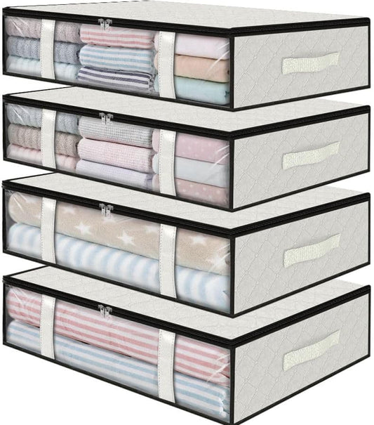 StorageRight Under Bed Storage Bins, 4-Pack 40L Foldable Fabric Storage Bags with Transparent Window, Breathable Organizer for Clothes/Blanket/Comforter/Quilt, White