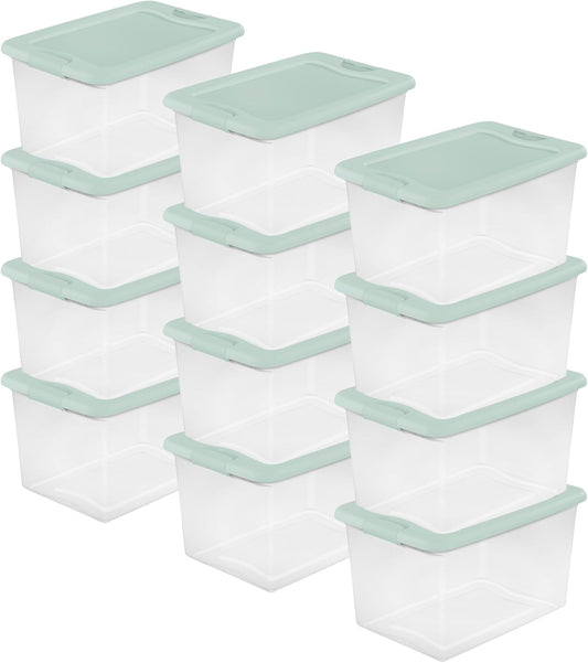 Sterilite 12 Pack Latching Box, Clear Plastic Stackable Storage Bin with Lid, 64 Quart, Mindful Mint