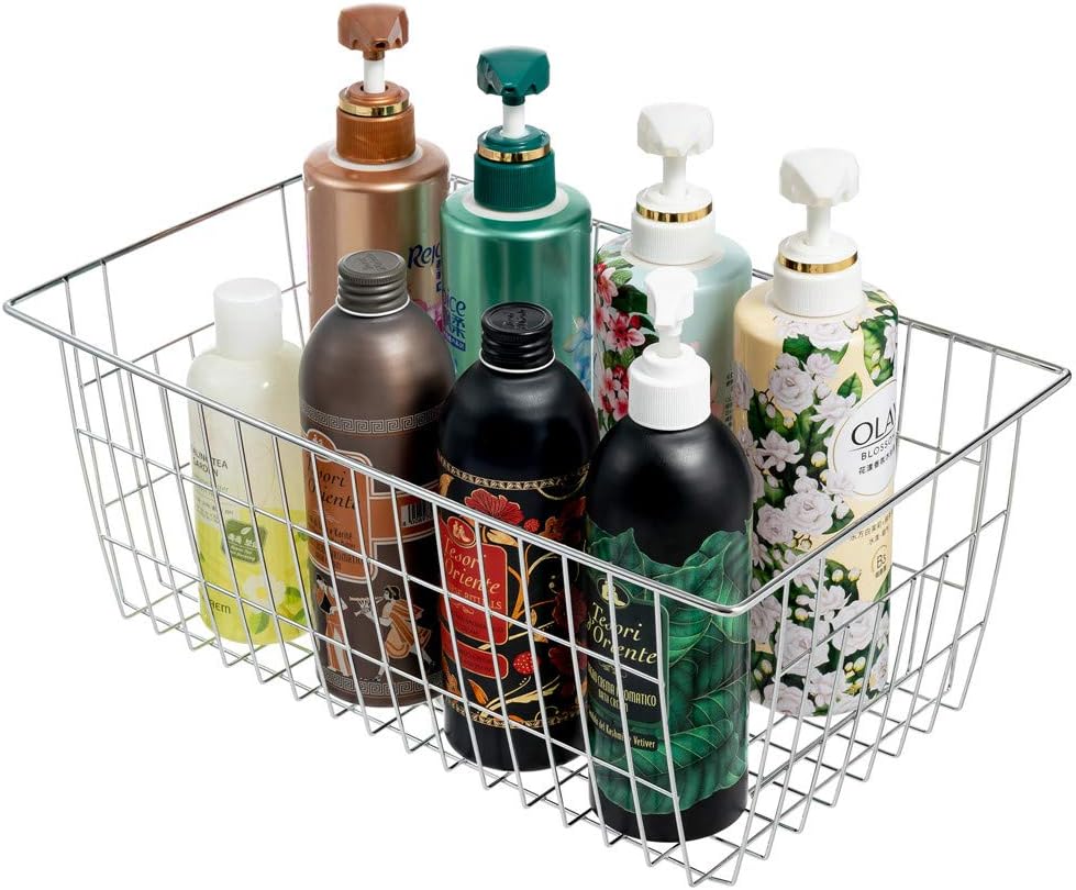 Freezer Wire Storage Baskets,Farmhouse Organizer Storage Bins Large Organizer Bins for Laundry Room, Closets, Garage, Office, Bathroom, Pantry Organization Storage Bins -Set of 2 (Chrome)