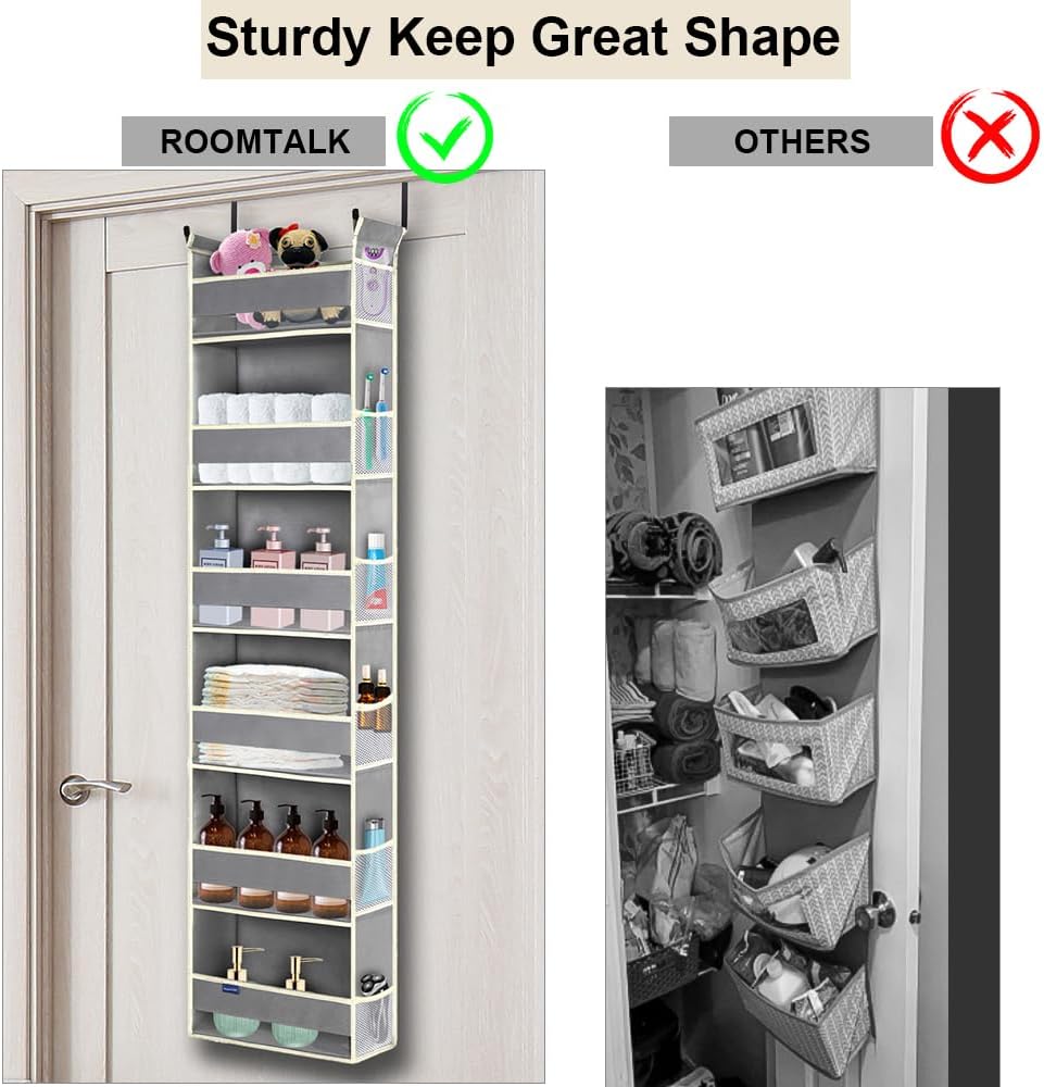 Over The Door Organizer 6-Shelves and 12 Side Pockets, Over The Door Storage for Bathroom Bedroom Nursery, Hanging Door Organizers for Baby Diapers and Kids Toys (13"x5"x54", Grey)