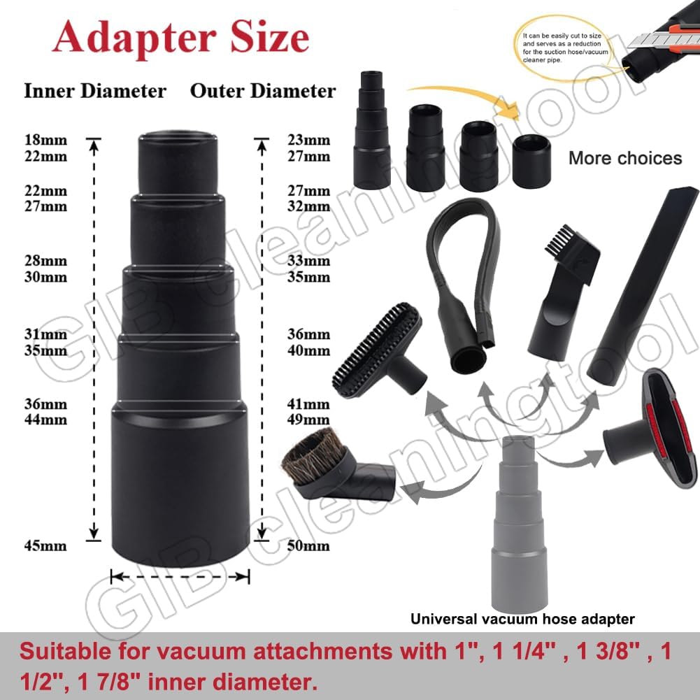 10 Pcs Universal Vacuum Attachments for Shop Vac Accessories - 2 1/2" to 1 1/4" and 1 7/8" to 1" Vacuum Hose Adapter Kit, Vacuum Brush Attachment Flexible Crevice Tool, Vacuum Extension Wand