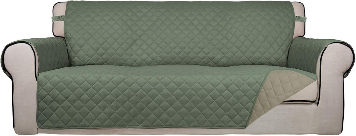 PureFit Reversible Quilted Sofa Cover, Water Resistant Slipcover Furniture Protector, Washable Couch Cover with Non Slip and Elastic Straps for Kids, Dogs, Pets (Sofa, Greyish Green/Beige)