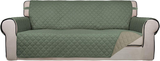 PureFit Reversible Quilted Sofa Cover, Water Resistant Slipcover Furniture Protector, Washable Couch Cover with Non Slip and Elastic Straps for Kids, Dogs, Pets (Sofa, Greyish Green/Beige)