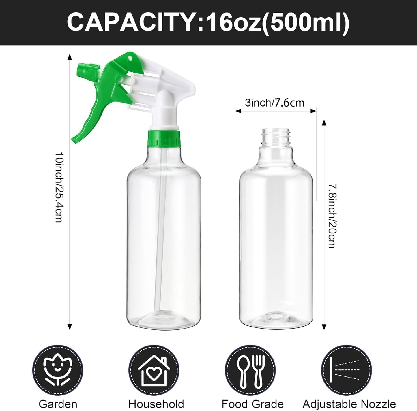 Eccliy 12 Pcs 16 Oz Plastic Spray Bottle, Adjustable Empty Reusable Sprayer for Cleaning, Planting, Water, Bathroom and Kitchen, BBQ, Commercial and Residential(Green&white,Clear)