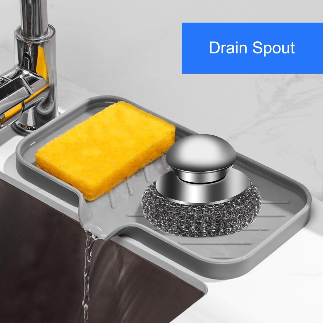 Sponge Holder for Kitchen Sink, Silicone Sponge Dish Tray with Drain Spout, Soap Dispenser Holder for Shower Bathroom (Grey, 9.8" x 4.9")