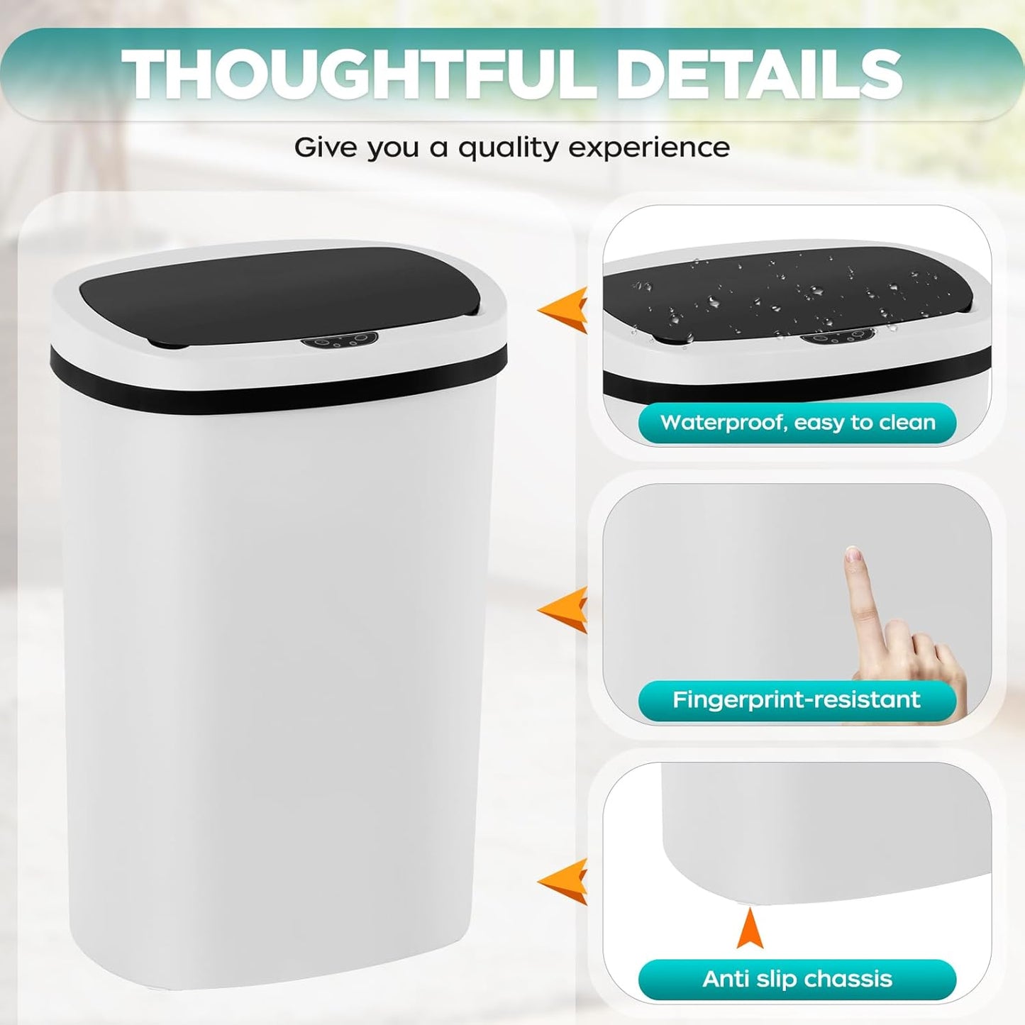 Automatic Motion Sensor Bathroom Trash Can with Lid, 13 Gallon Touchless Trash Bin, Smart Dog Proof Garbage Can, Touch Free Waste Basket for Toilet, Office, Bedroom,White