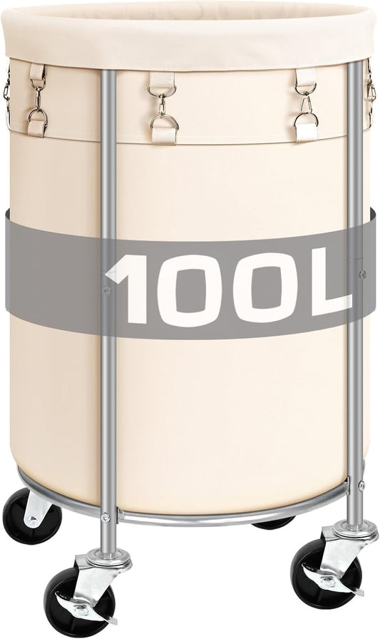 Laundry Hamper with Wheels, 100L Round Rolling Laundry Basket Sorter with Removable Bag, Clothes Cart Organizer with Steel Frame for Bedroom, Bathroom, Laundry Room, Beige