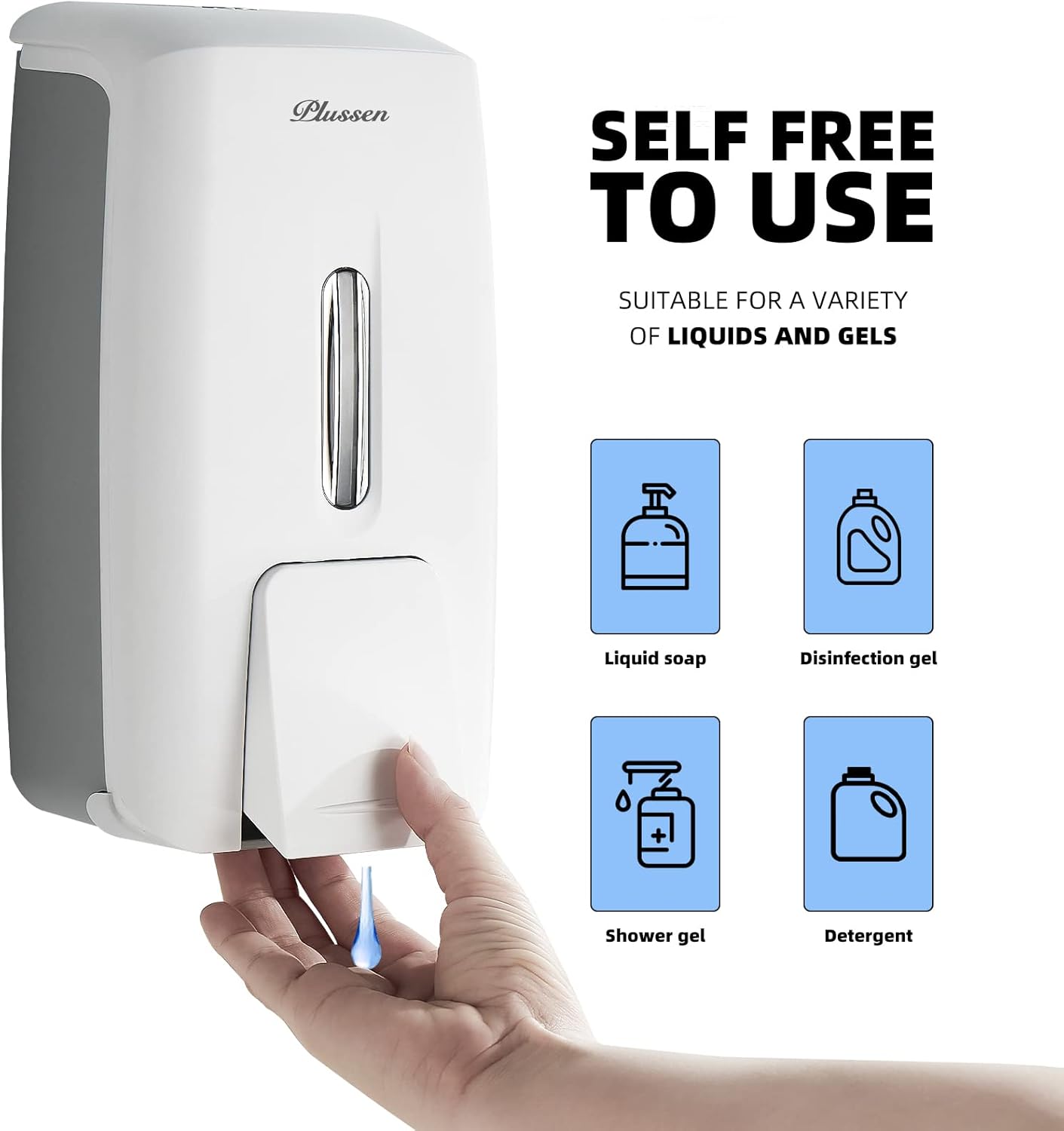 Soap Dispenser Wall Mount Adhesive Commercial Soap Dispenser 800ml No Drill Hand Sanitizer Dispenser for Bathroom Support Liquid and Gel,White-PN9088