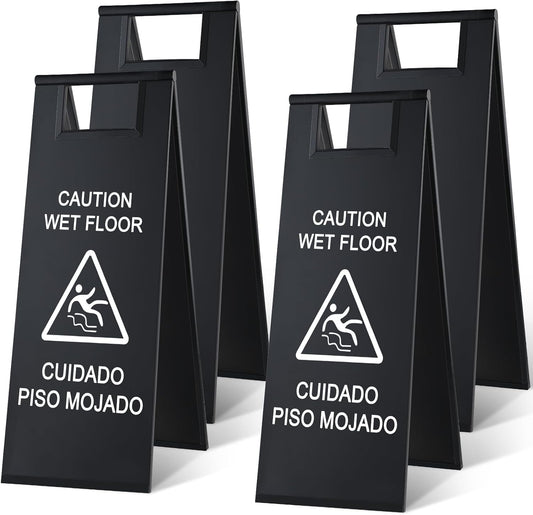 LEIFIDE 4 Pcs Stainless Steel Wet Floor Caution Sign Bulk 8.8 Pound Portable Foldable Handle Bilingual Safety Sign for Kitchen Restaurant Shop Commercial Use Avoid Fall and Slip Accident (Black)
