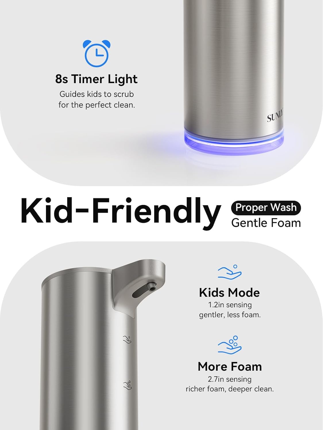 SUNLY Automatic Foam Soap Dispenser, 0.2s Fast Sensor, USB-C Rechargeable, Smudge-Resistant Stainless Steel, Touchless Liquid & Foaming Soap Dispenser for Bathroom, Kitchen, Hotel, Silver