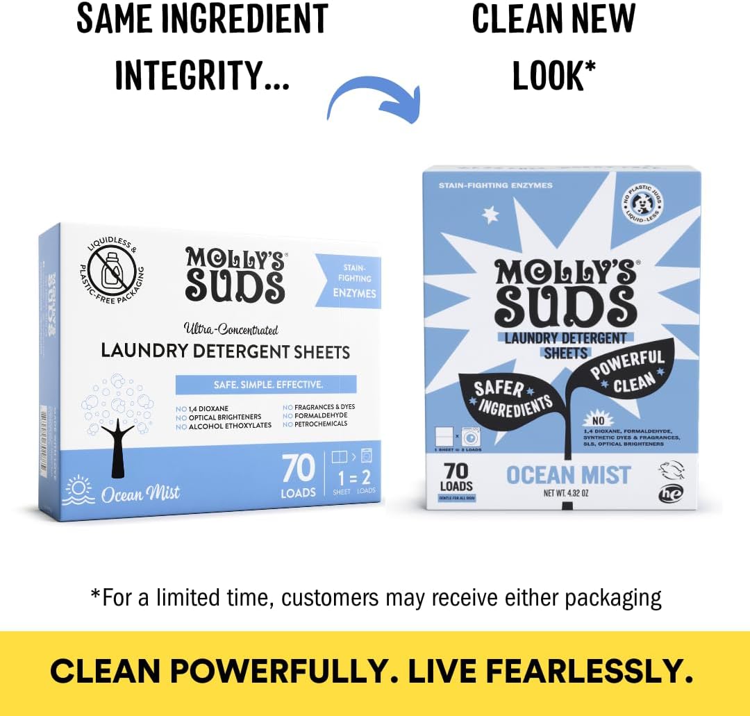 Molly’s Suds Laundry Detergent Sheets | Gentle on Sensitive Skin, Powerful Bio-Based Enzymes, Stain-Fighting | Liquidless & Plastic-Free Packaging | 70 Loads (Ocean Mist)
