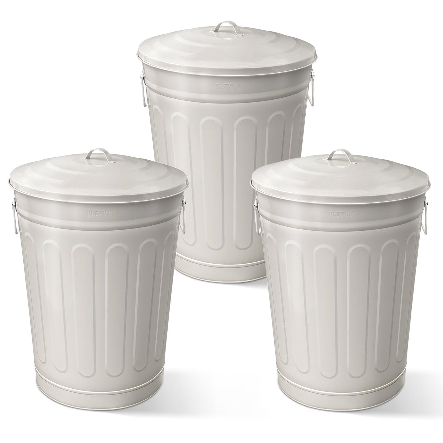 Plexon Round Trash Can 13 Gallon, Vintage Metal Outdoor Trash Can with Lid, Retro Farmhouse Garbage Container, Old School Modern Ash Bucket, Beige 3 Pack