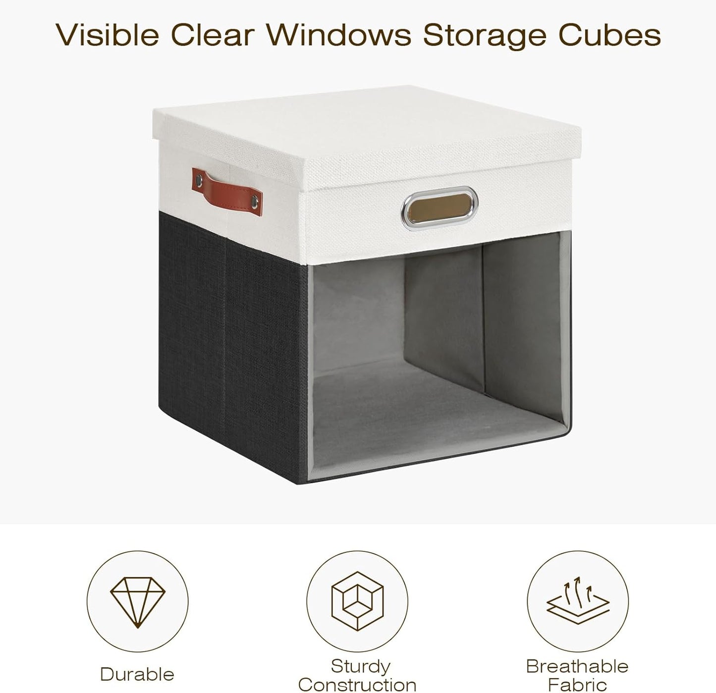 Fabric Storage Cubes with Clear Windows and Lids, 13'' Foldable Storage Bins with 3 Handles, Decorative Storage Boxes for Home, Bedroom, Closet, Office (Balck & White)