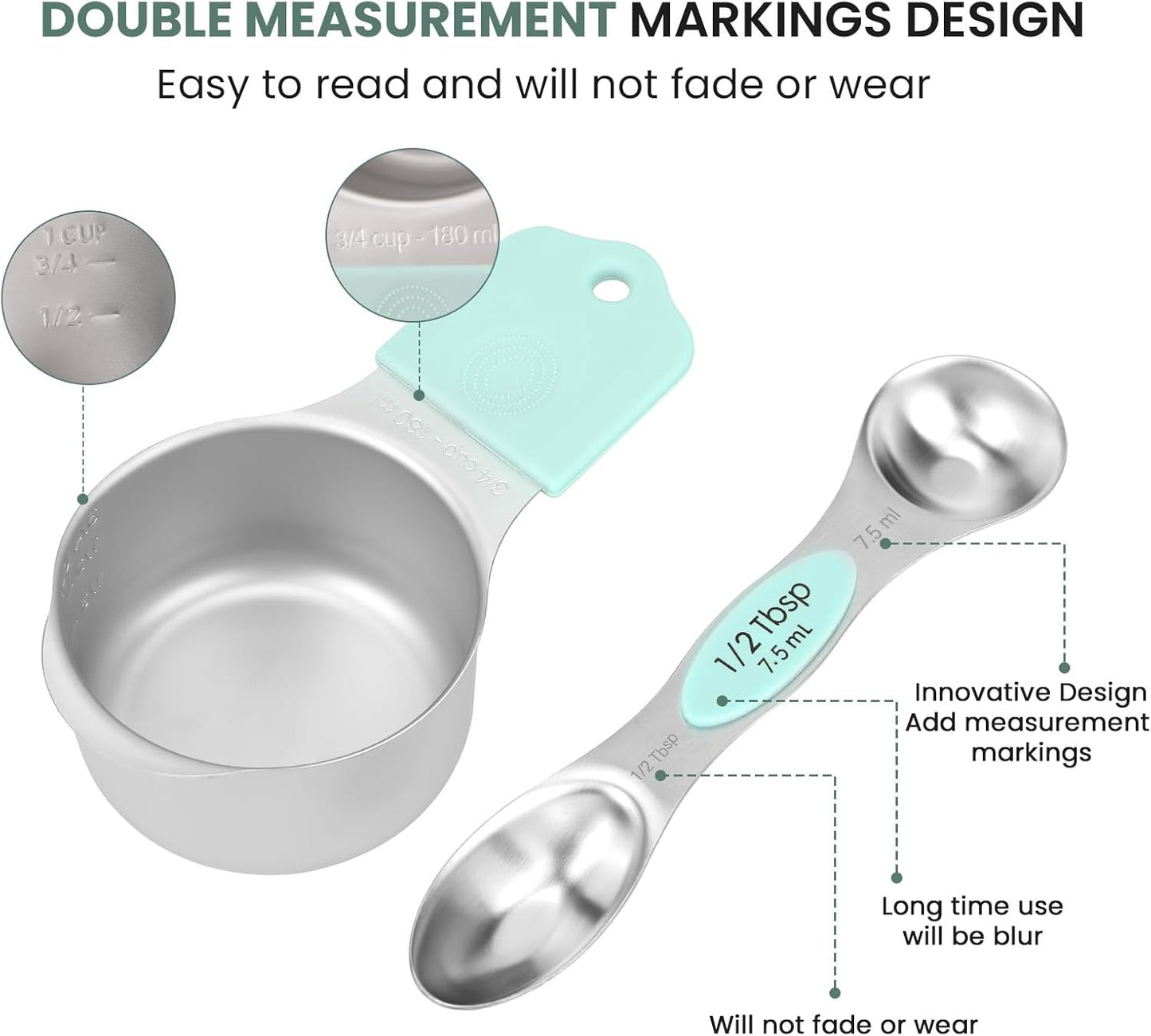 Magnetic Measuring Cups and Spoons Set-Heavy Duty 304 Stainless Steel，Double Measurement Markings，Set of 16 with Leveler for Measure Dry and Liquid Ingredients (Mint)