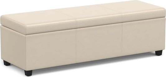SIMPLIHOME Avalon 54 inch Wide Contemporary Rectangle Extra Large Storage Ottoman Bench in Satin Cream PU Faux Leather, Assembled, for The Living Room, Entryway and Family Room