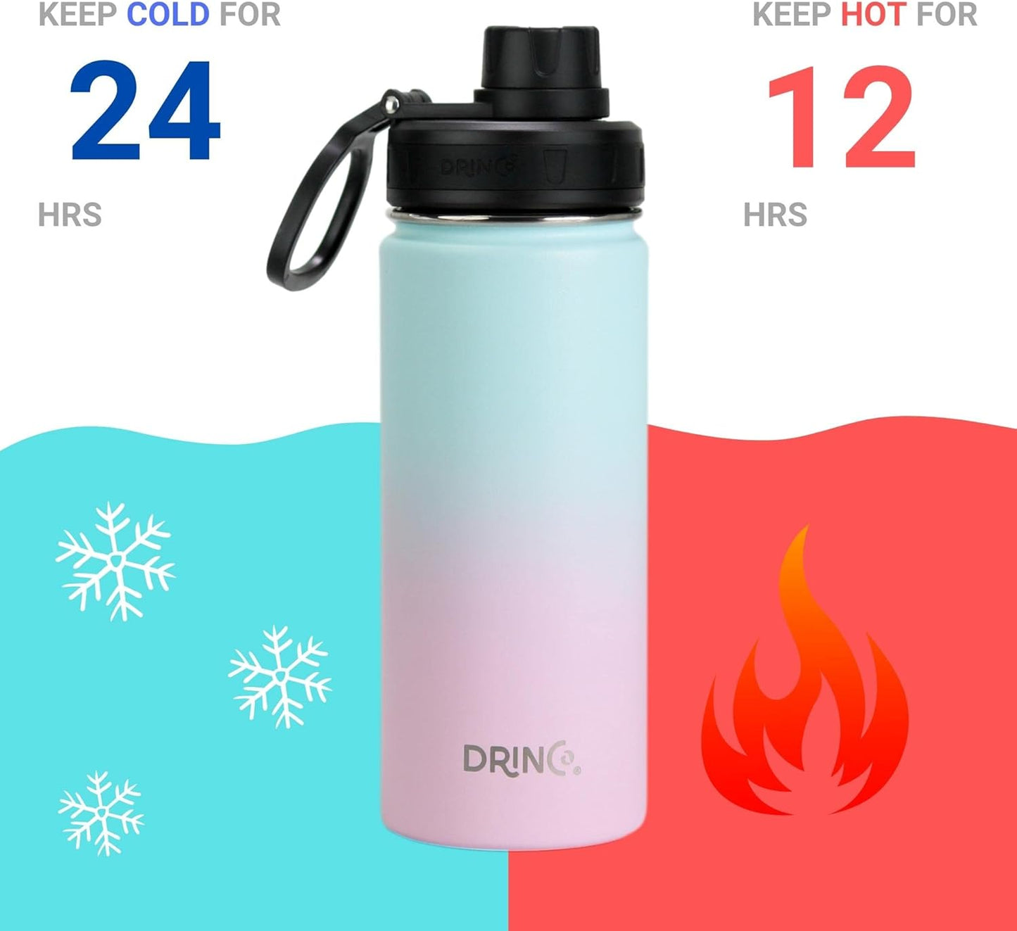 DRINCO Stainless Steel Water Bottle Spout Lid Vacuum Insulated Double Wall Water Bottle Wide Mouth (40oz 32oz 22oz 18oz 14oz) Leak Proof Keeps Cold or Hot (18 oz, 18oz Macaron)