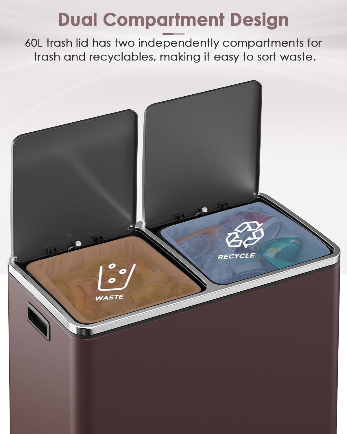 AthLike 60L(16 Gal) Dual Trash Can, Stainless Steel Kitchen Garbage Can, Double Compartment Classified Rubbish Bin, Recycle Dustbin w/Plastic Inner Buckets, Handle, Soft-Close Lid, Airtight, Brown