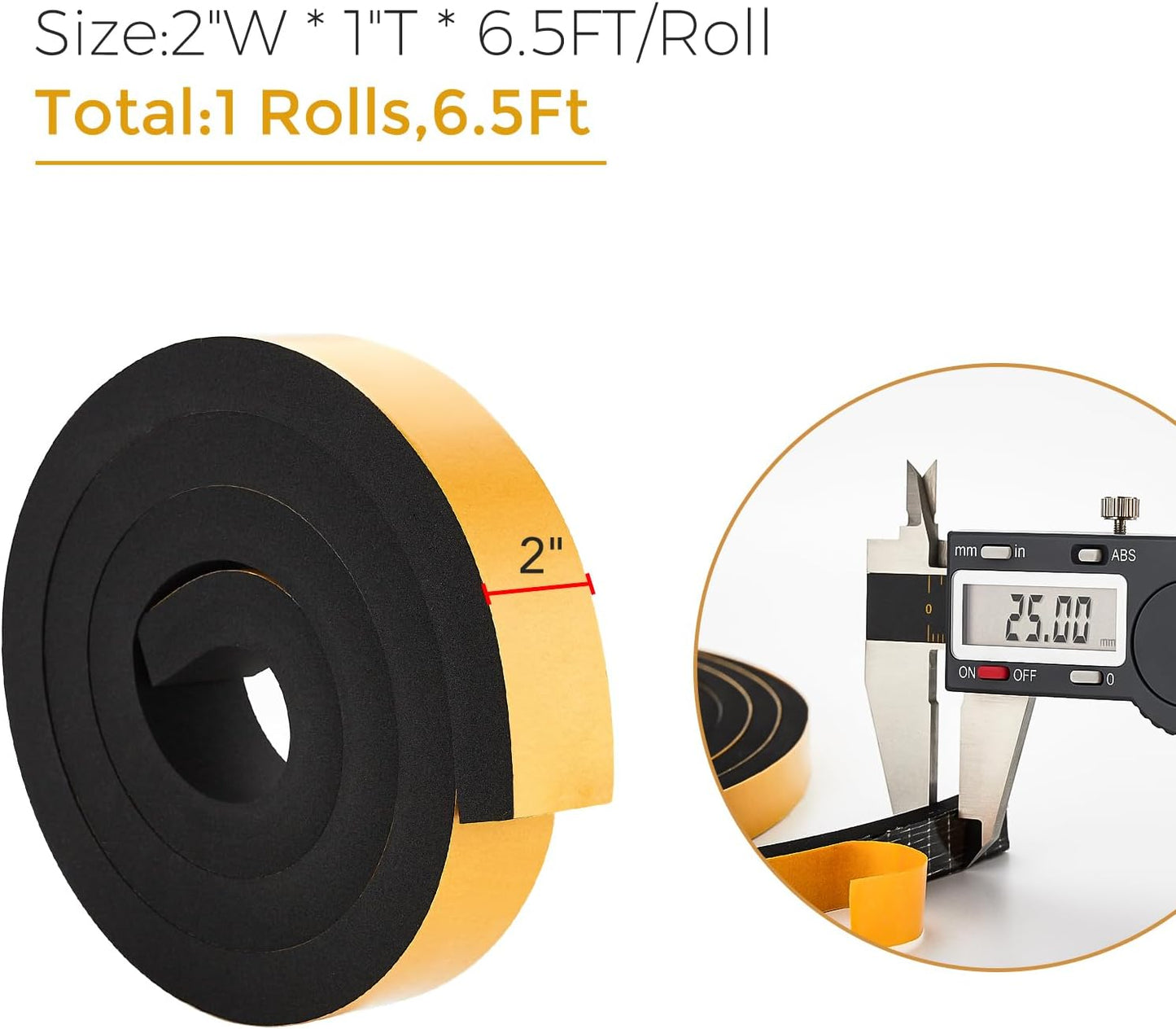 6.5 Feet Weather Stripping Door Seal, 2" Wide X 1" Thick Door Seal Strip High Density Foam Tape Adhesive Strip for Door Soundproofing,Window Insulation (2" x 1" x 6.5FT,Black)