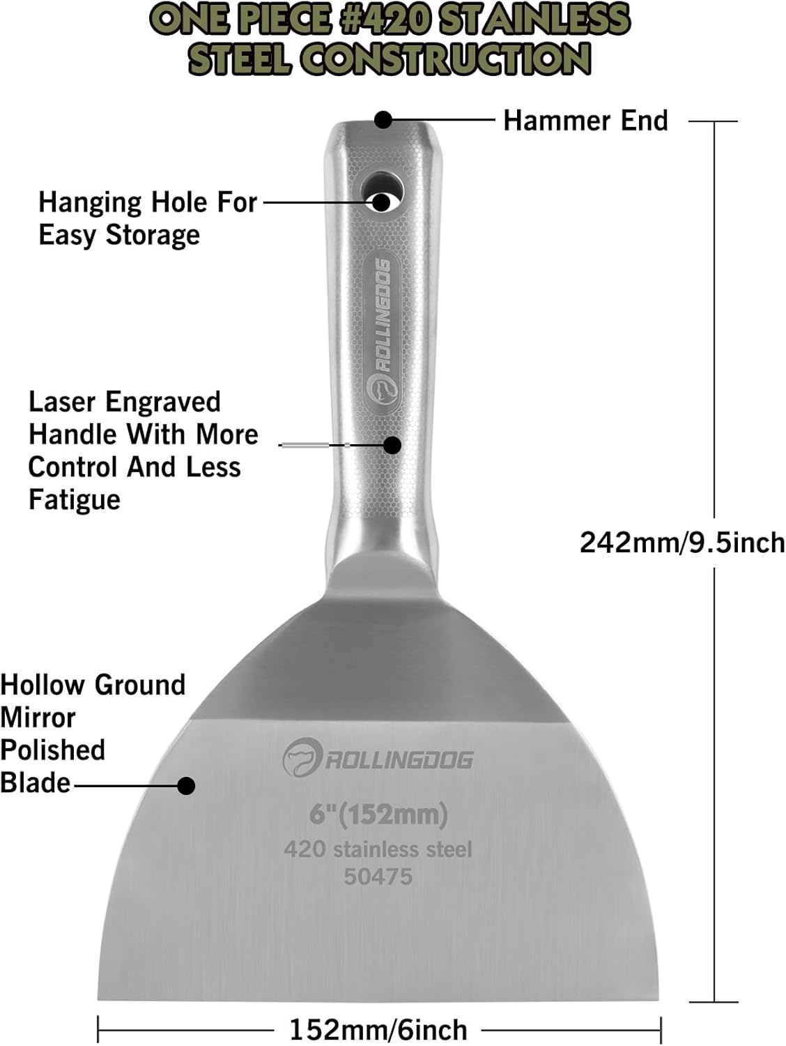 ROLLINGDOG 6 inch Putty Knife - 420 Stainless Steel Spackle Knife Drywall Knife One Piece Mirror Polished Blade for Scraping Paint, Taping