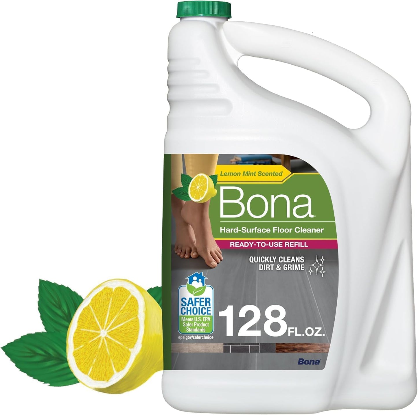 Bona Multi-Surface Floor Cleaner Refill - 128 fl oz - Lemon Mint - Residue-Free Floor Cleaning Solution refill for Spray Mop and Spray Bottles - For Use on Stone, Tile, Laminate, and Vinyl Floors