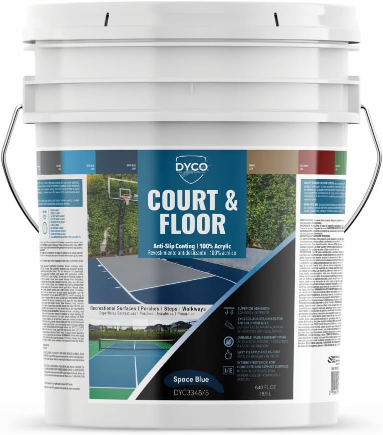 DYCO Court & Floor Anti-Slip Coating - Slip-Resistant Pavement, Cement & Concrete Paint for Pickleball, Tennis & Basketball Courts, Exceeds ADA Standards for Safety Areas (Space Blue, 5 Gallons)
