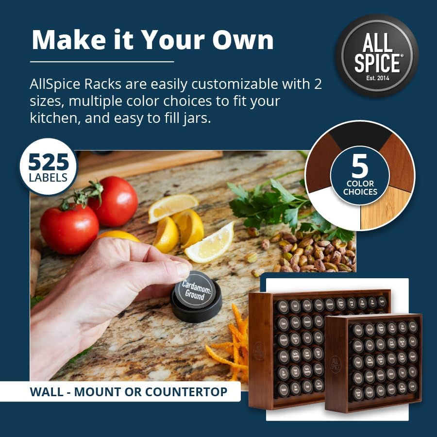 AllSpice Spice Rack Organizer, Wood, 525 Unique Labels, Countertop or Wall Mount, Includes 60 4oz Jars- Walnut Stain